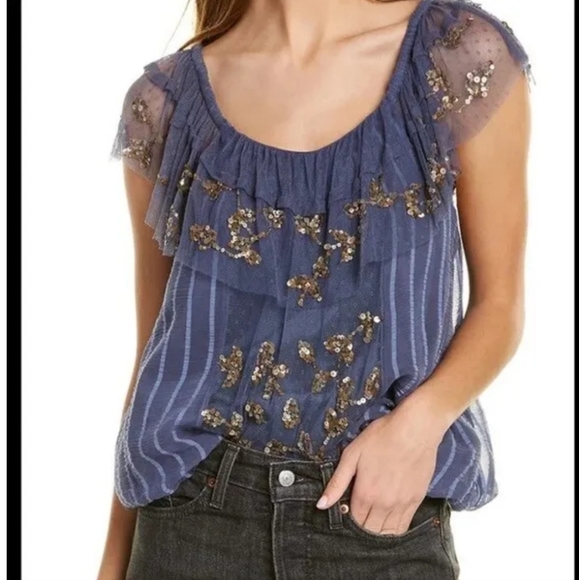 Free People Wild Moon Top Size Small Blue With Gold Sequins - Picture 1 of 9